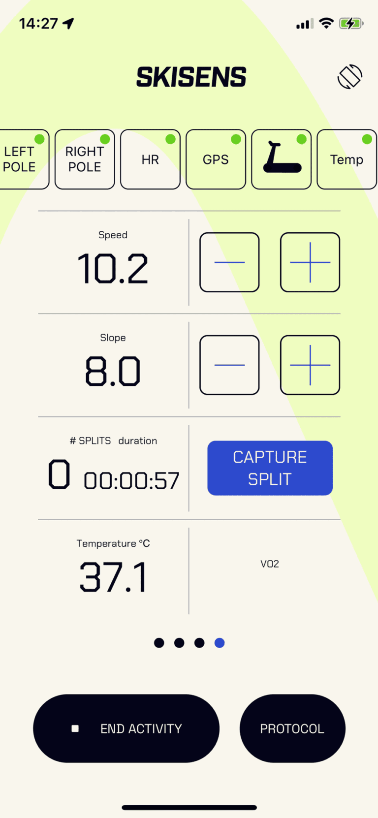 Live training page to monitor your connected treadmill, capture splittimes (saving lactate and note for each splittime) and viewing body metrics data.